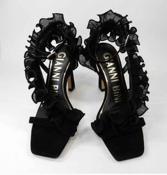 Gianni Bini Black Suede Chiffon Ruffle Franz Heels Size 9