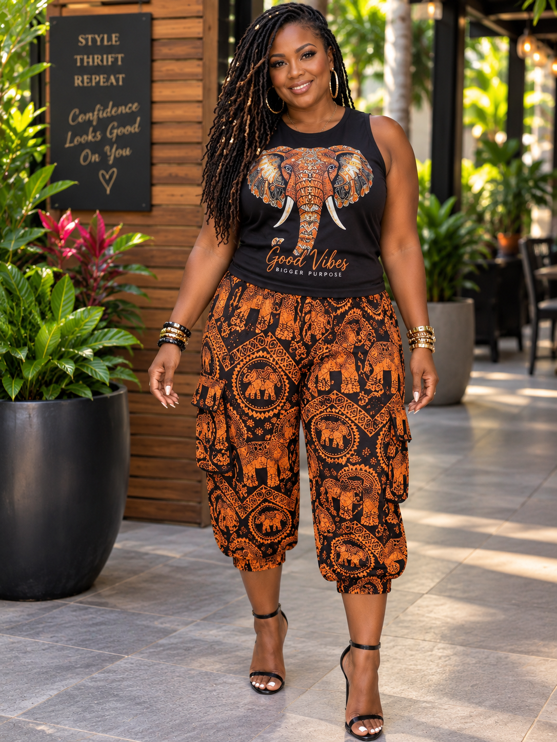 Boho Pant Black & Orange Elephant Jogger Pant Size Large