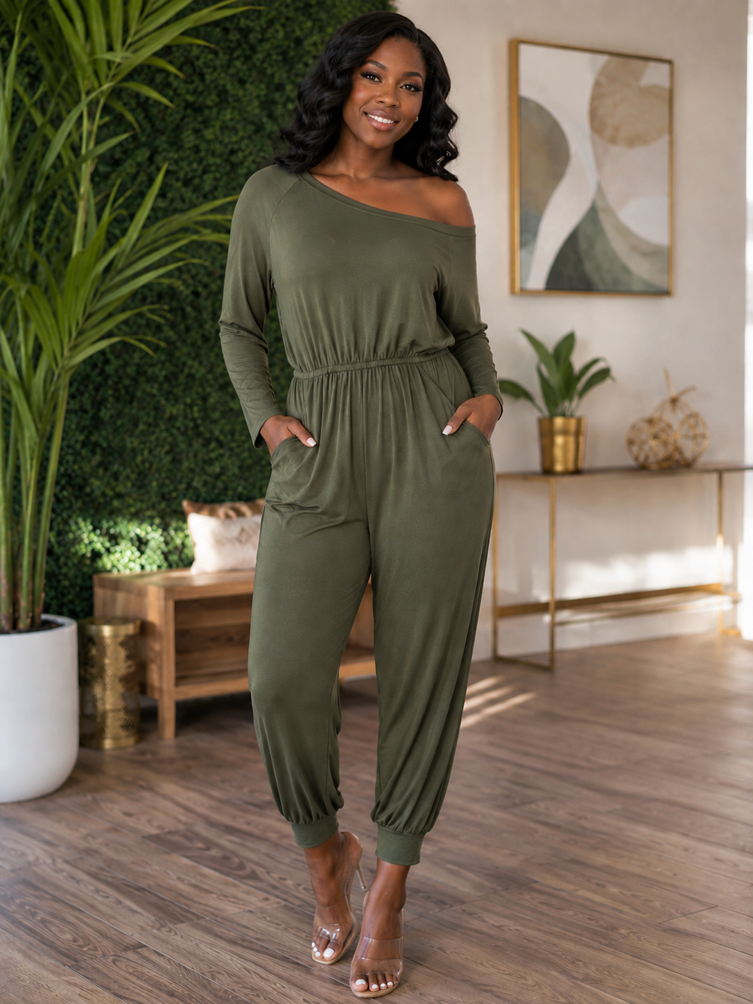 NWT Pretty Garden Olive Jumpsuit Size Large