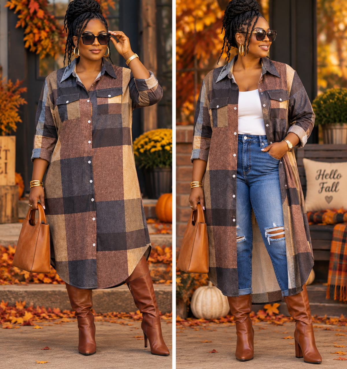 Brown Plaid Shirt Dress Size Large (12)