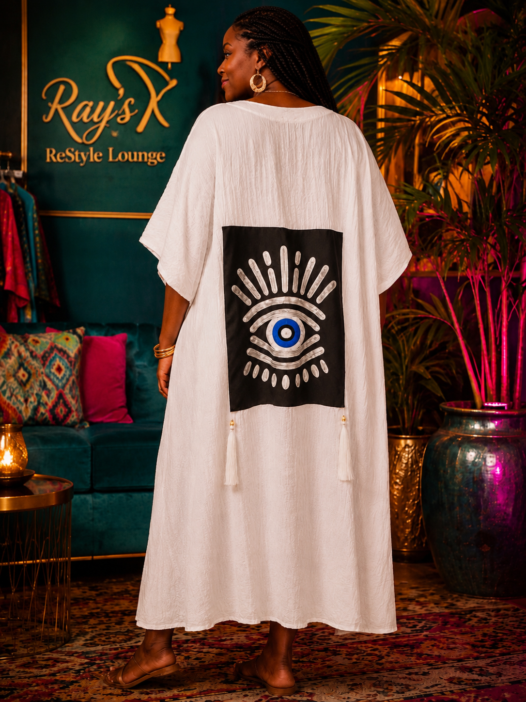 Oversized White Pullover Dress with Eye Detail & Tassels on Front/Back. Plus Size (P2P = 36 inches)