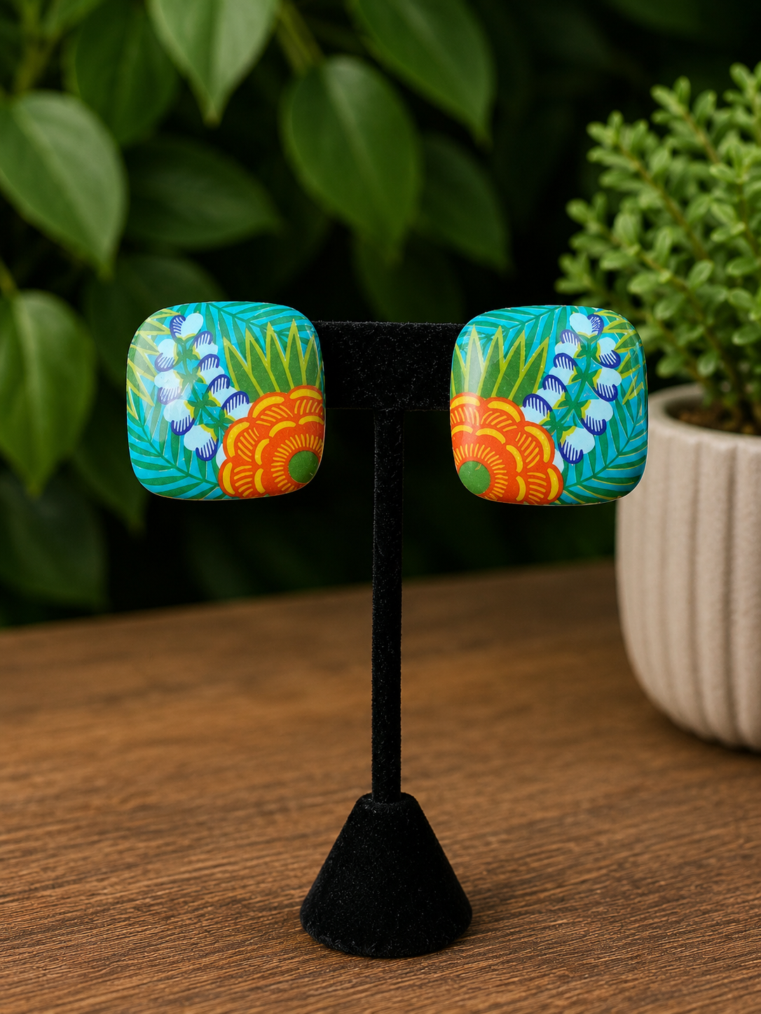 Green Floral Square Post Back Earrings