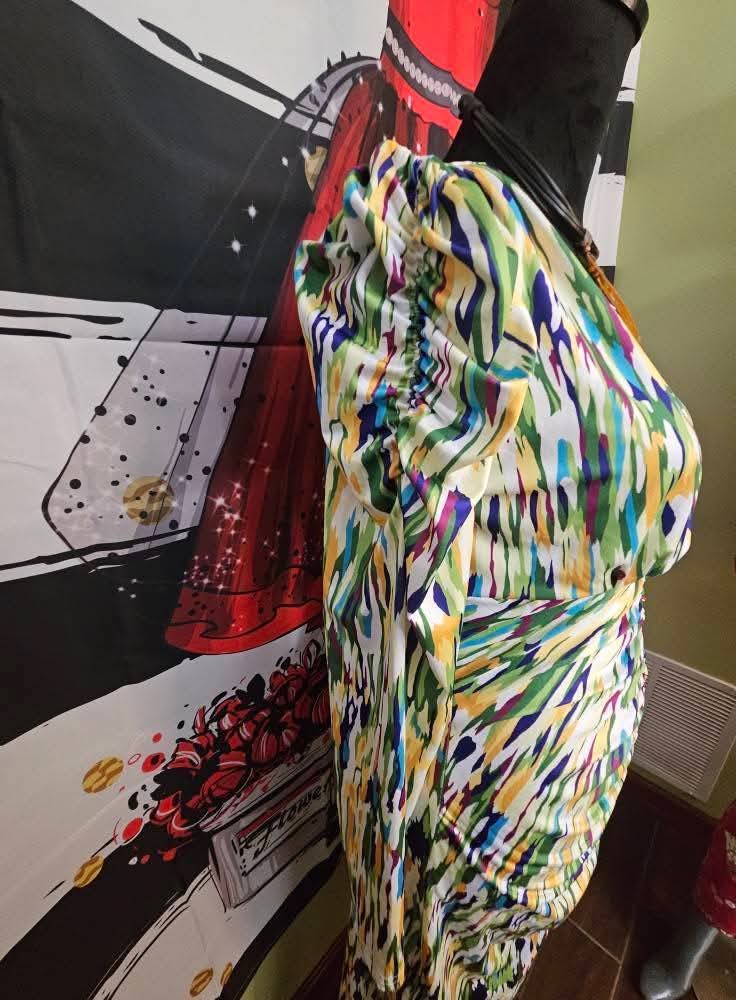 White Colorful Dress with RuchingSize Medium/ Large