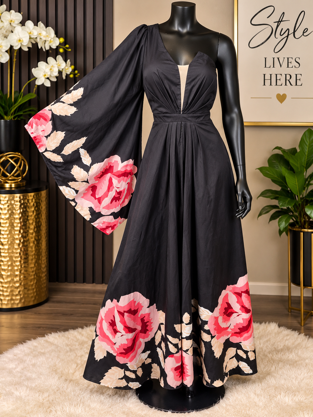 NWT Giffniseti Black Floral Dress Size Large (waist = 17 flat)