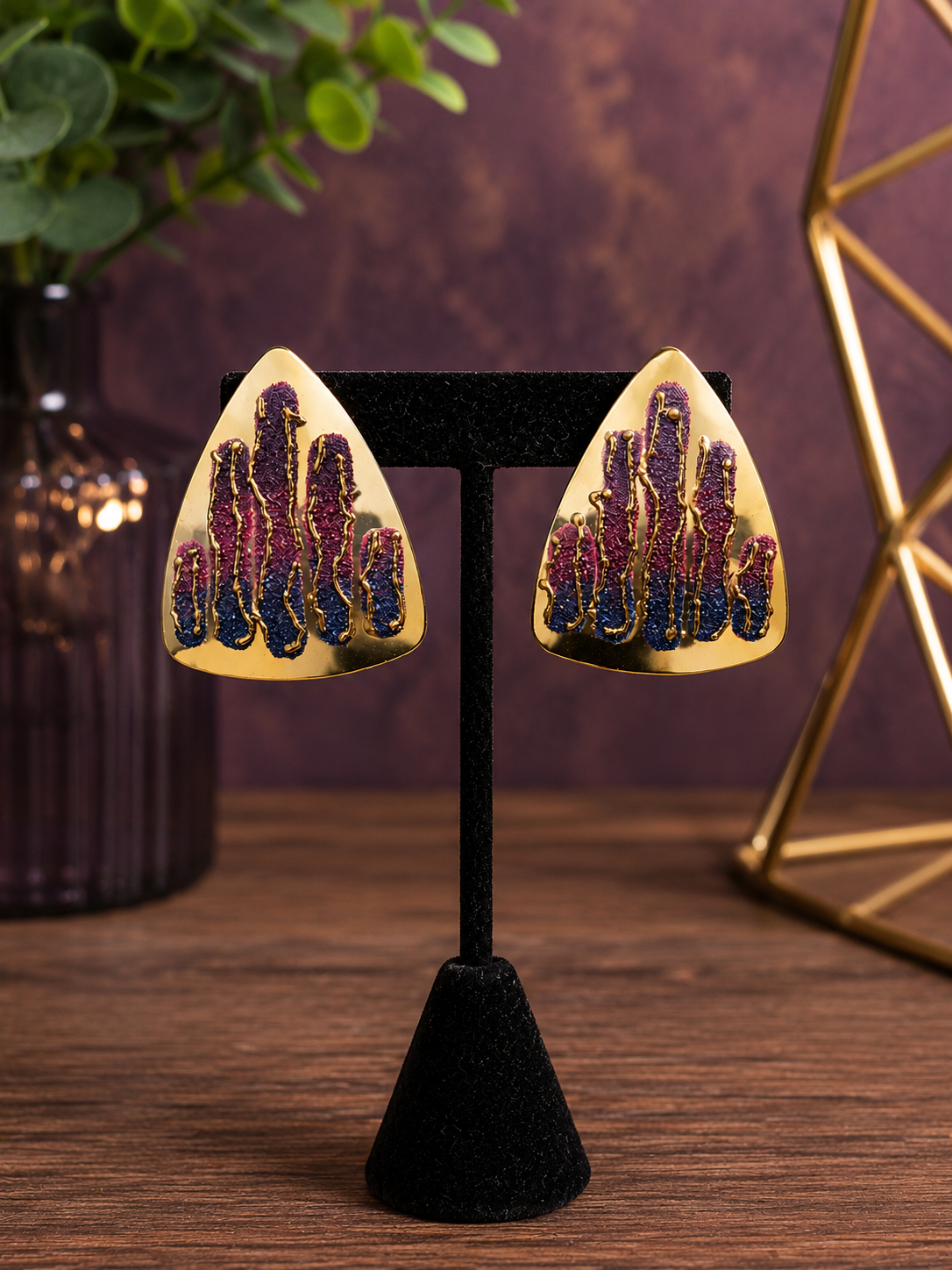 Gold Triangular Post Back Earrings with Glitter
