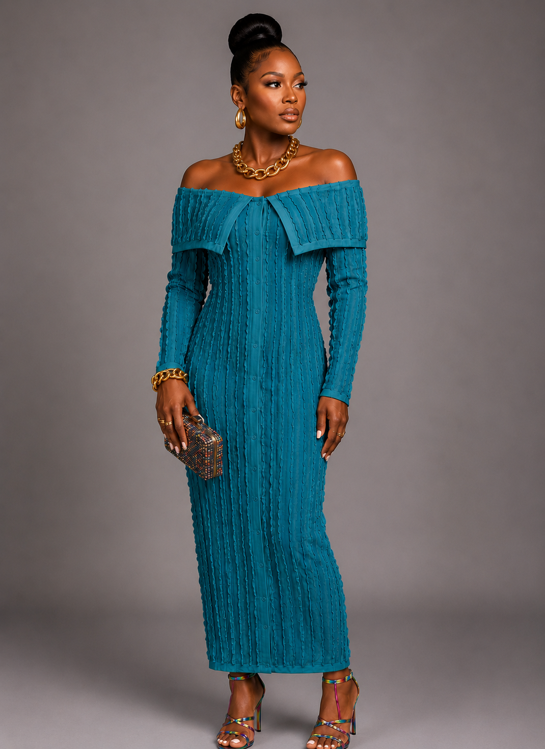 Turquoise Ruffled Button Down Maxi Dress Size XXL