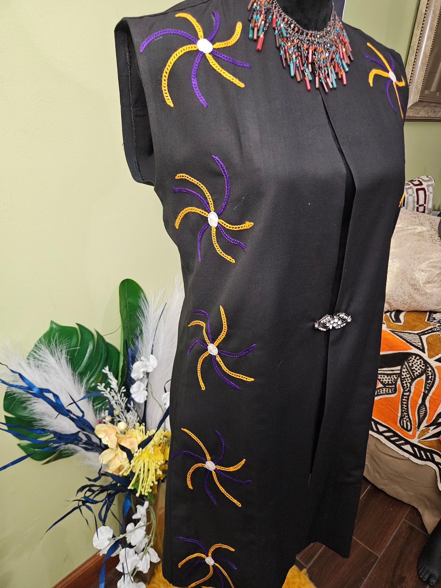 Custom Black/Purple/Yellow Embroidered Vest Size Large (P2P = 19)