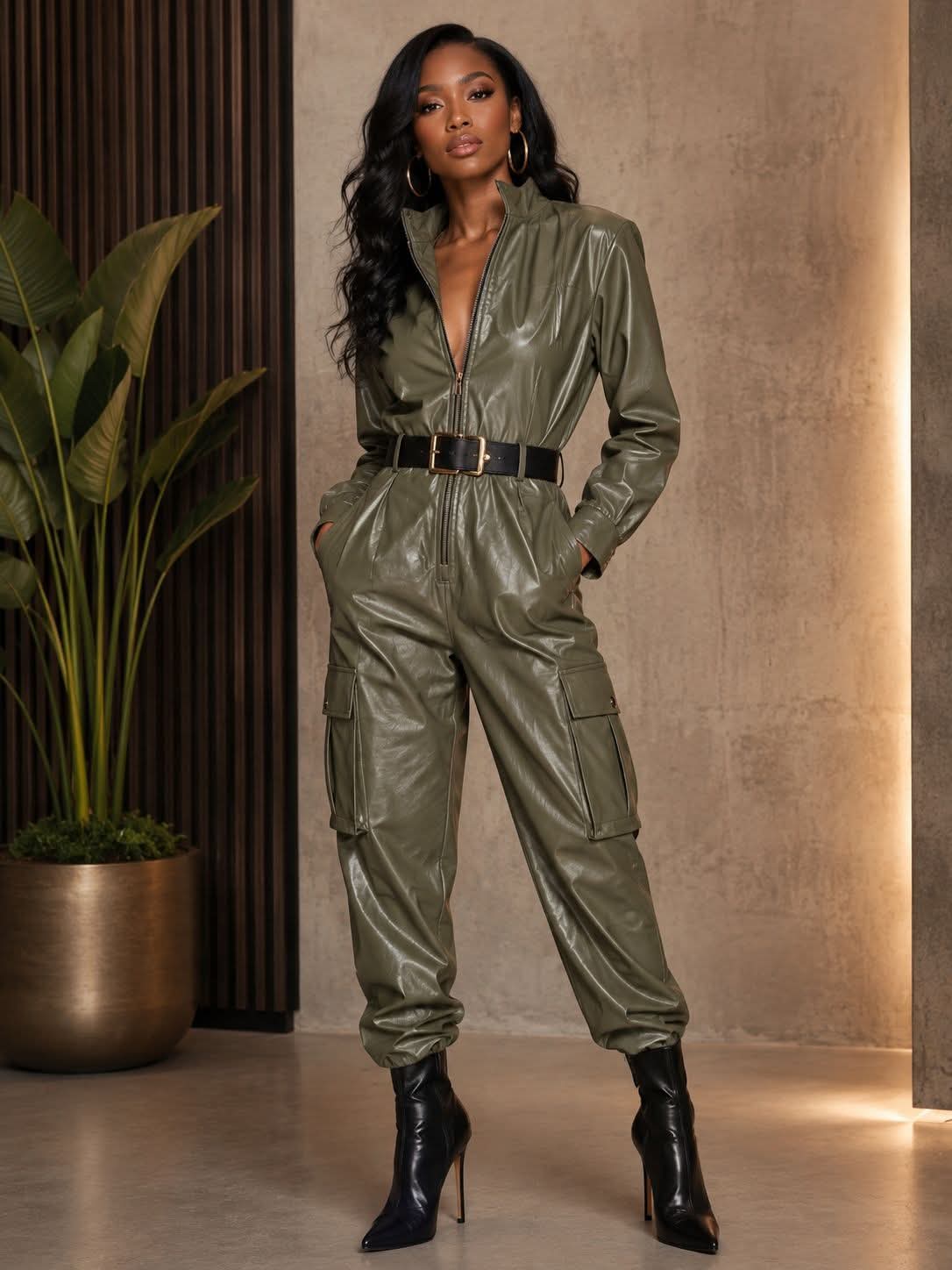 Shein Faux Leather Wide Leg Jumpsuit Size Large (8-10)