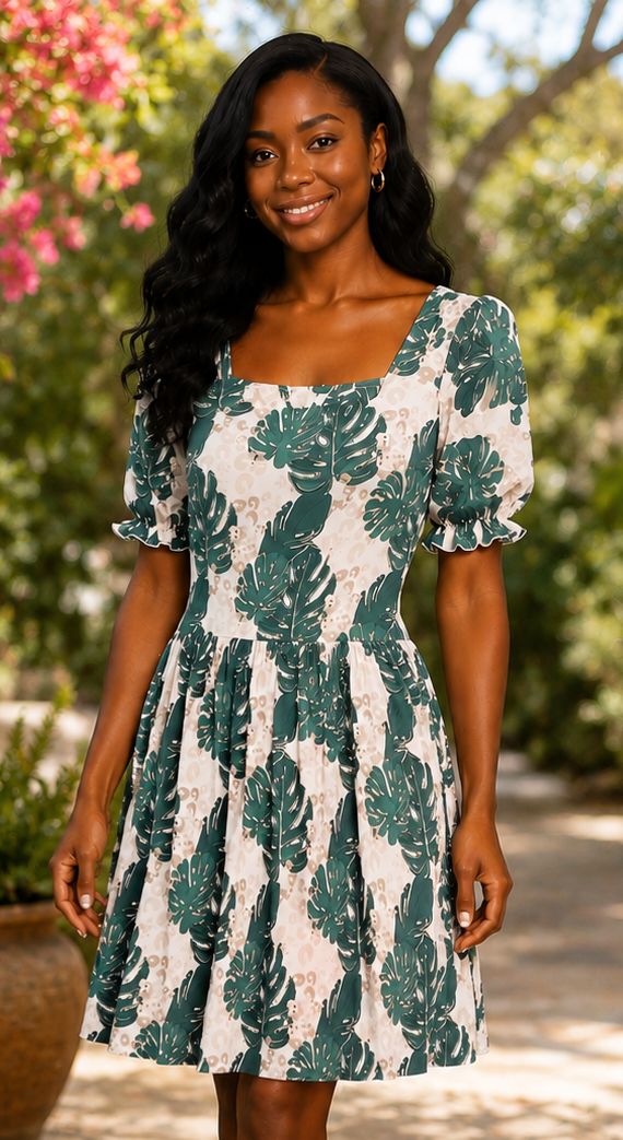 NWT Marie Nicole Green Monsterra Leaf Dress Size XL