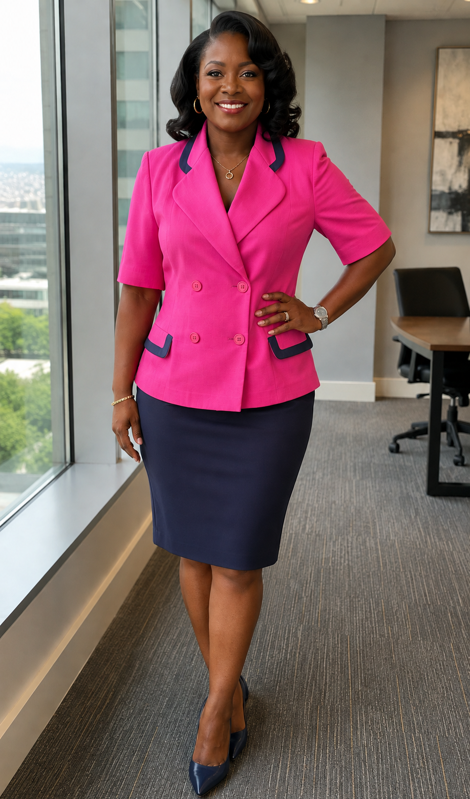 Leslie Faye Fuschia and Navy Skirt Suit P2P 20 Waist 16.5