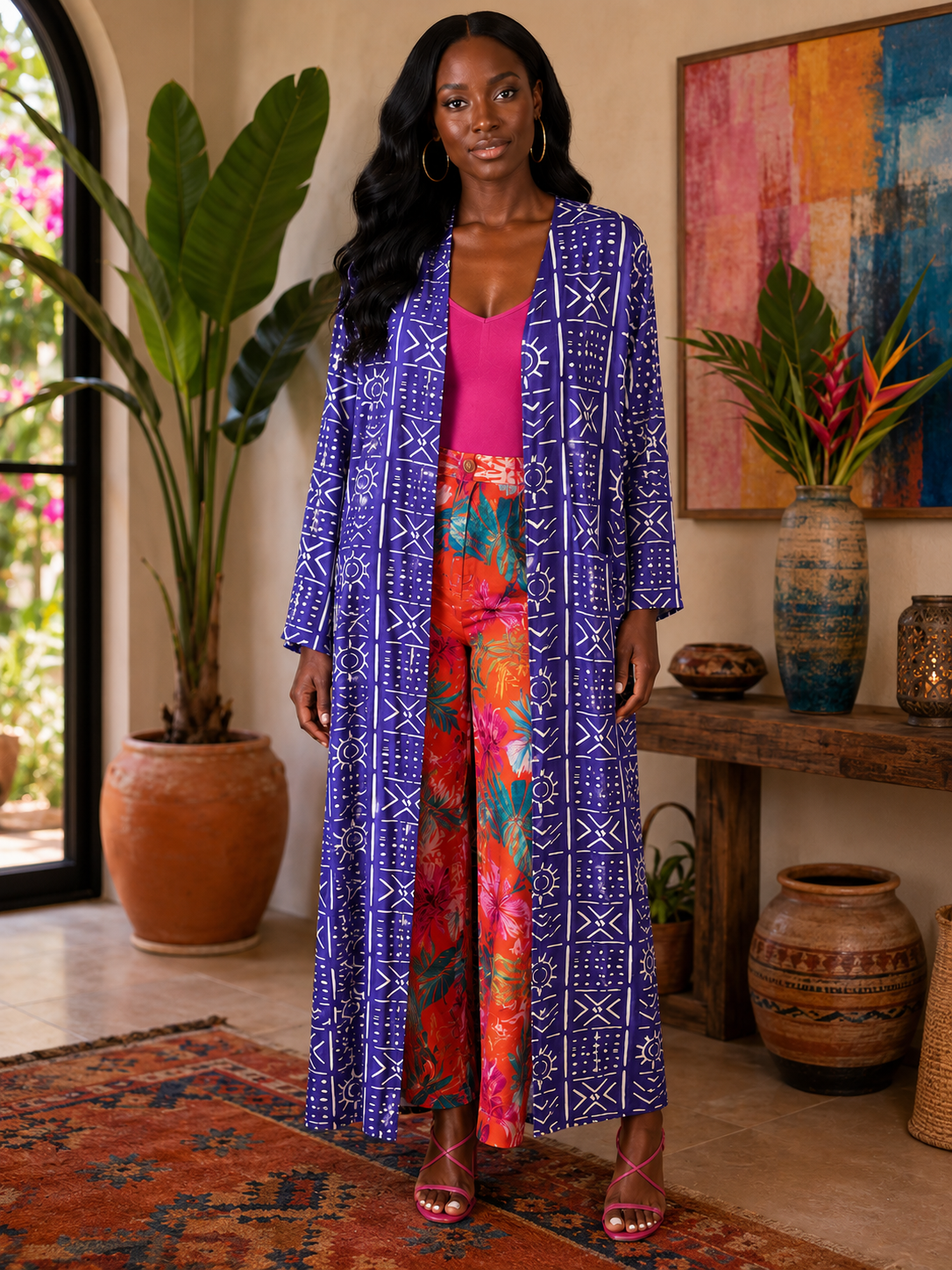 Shein Curve Purple & White Tribal Print Duster Size 0XL