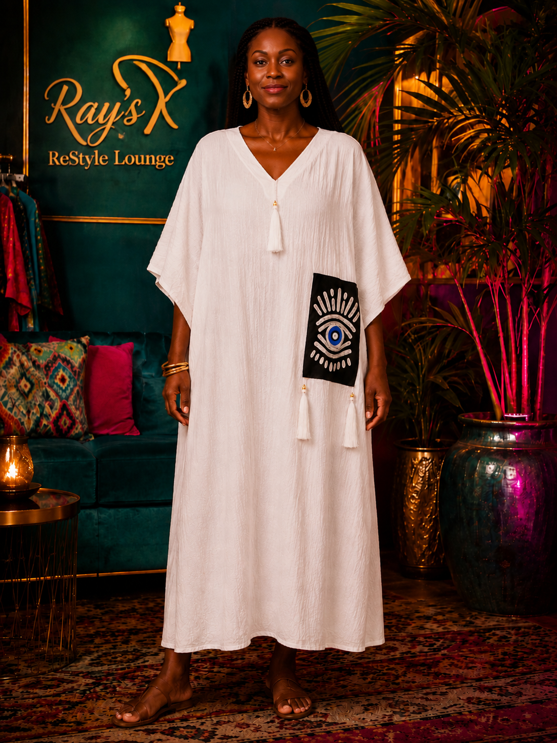 Oversized White Pullover Dress with Eye Detail & Tassels on Front/Back. Plus Size (P2P = 36 inches)
