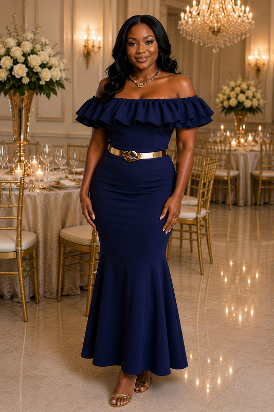 Navy Gown On/Off Ruffled Shoulders Best Size XL/1X