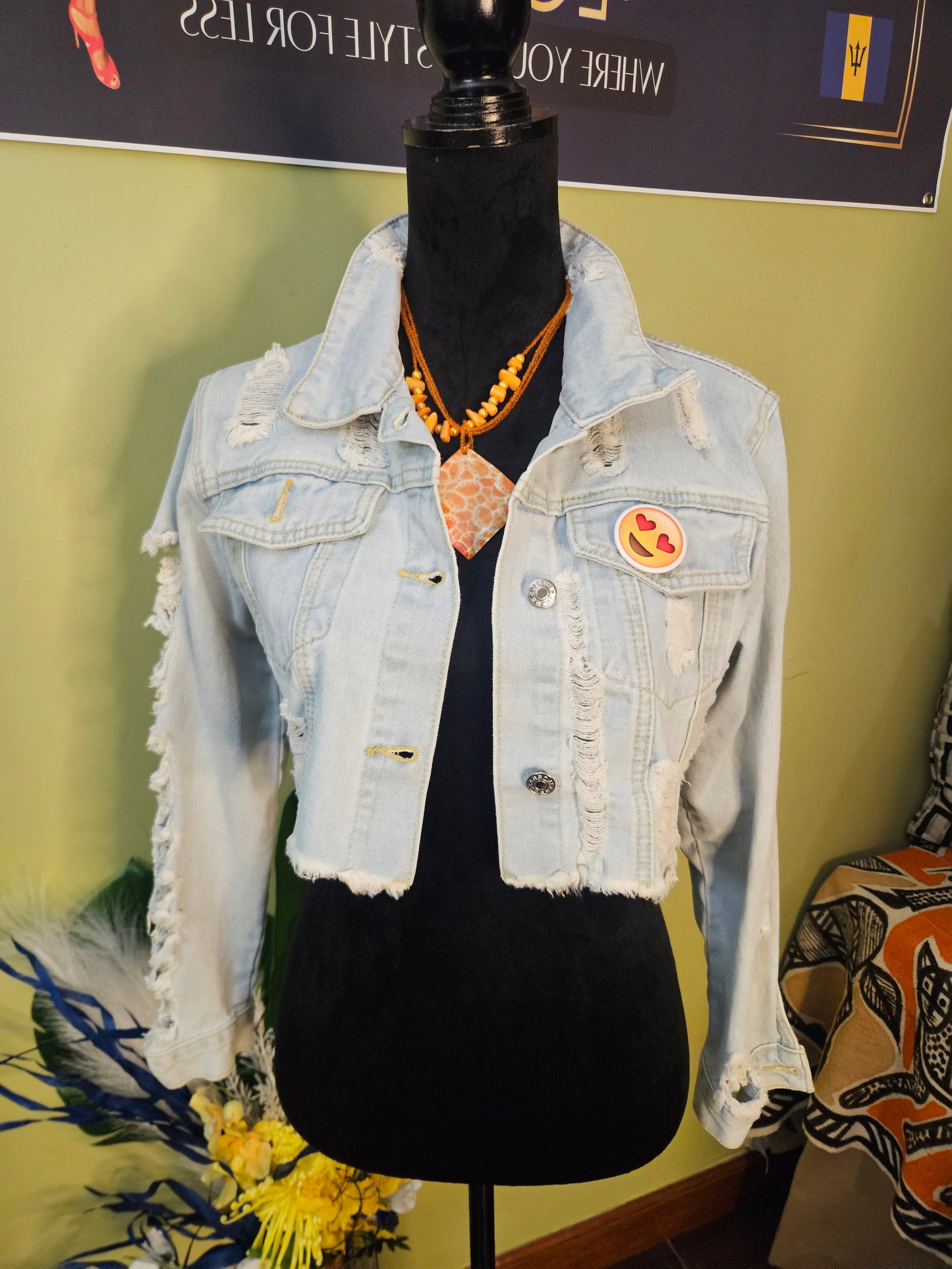 Shein Denim Distressed Crop Jacket Size Small