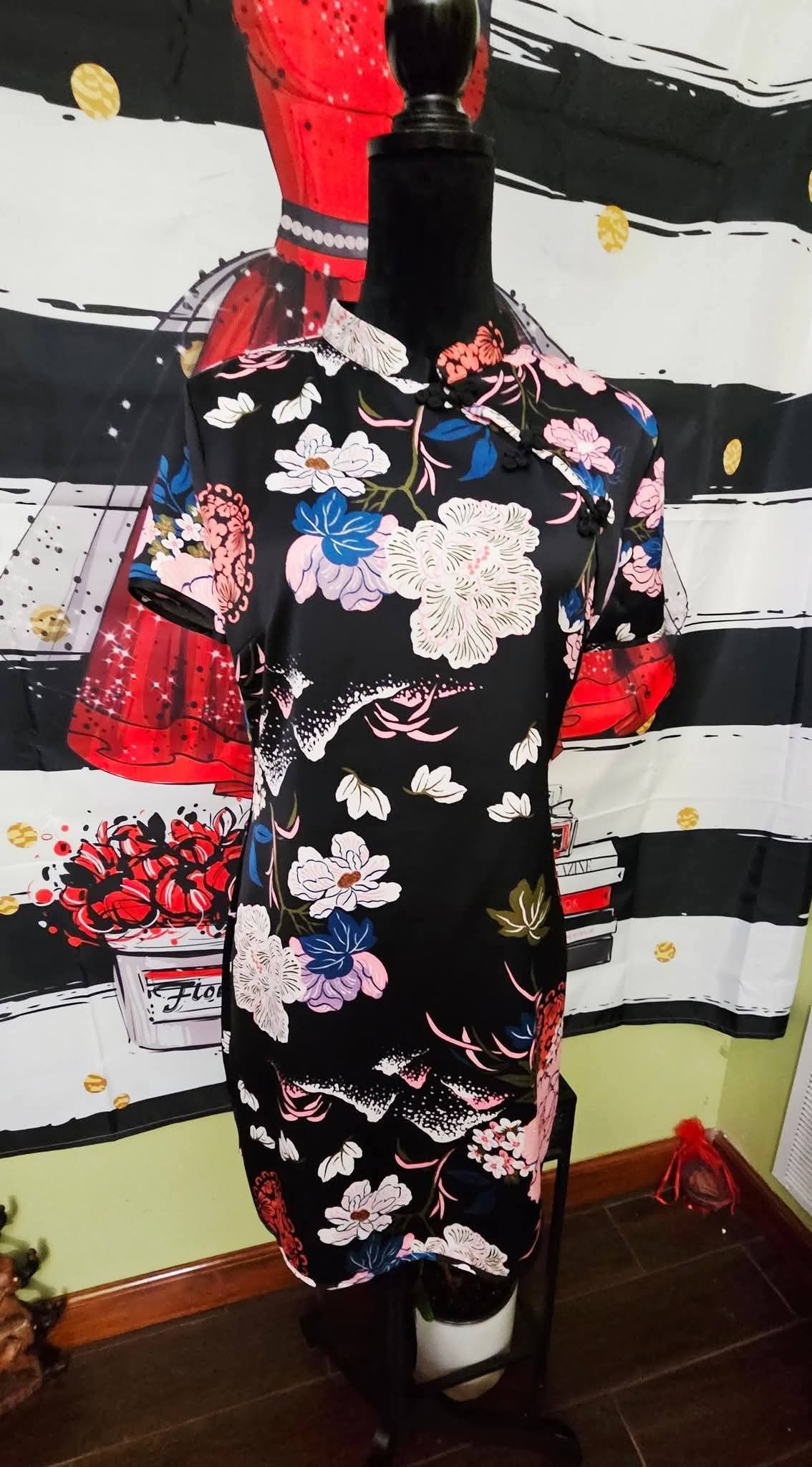 Zara Asian Print Black Dress Best Size Large