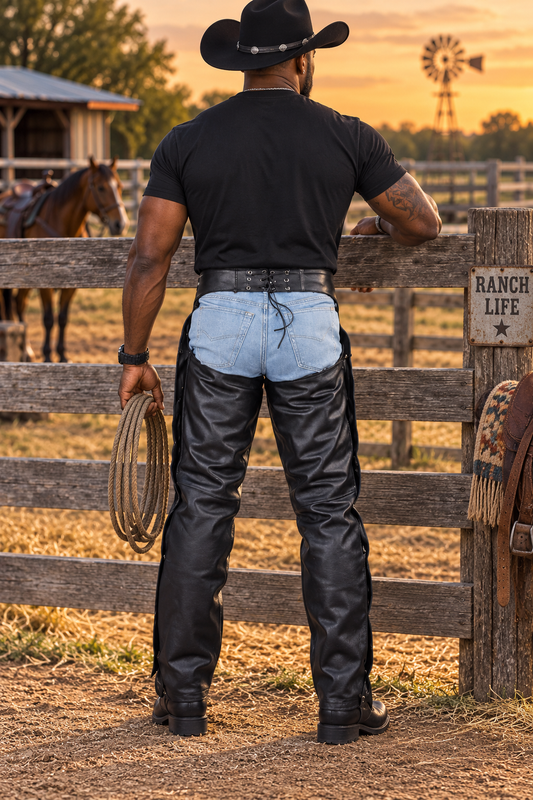 NWT Dream Apparel Leather Chaps Size Men's Small (Belt 41 ins open. Length from waist 42 inc)