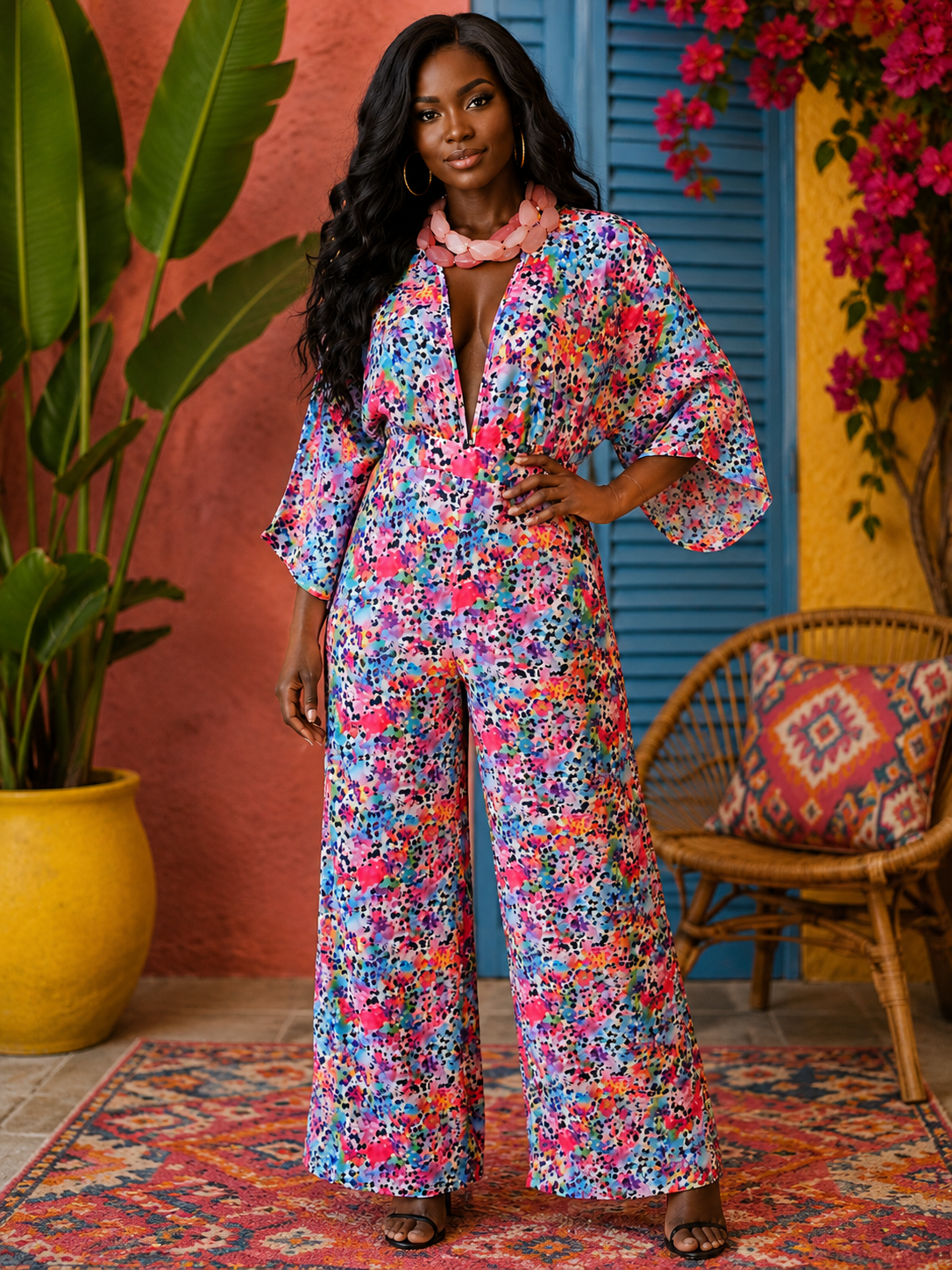Shein White Animal Floral Print Jumpsuit Size Medium