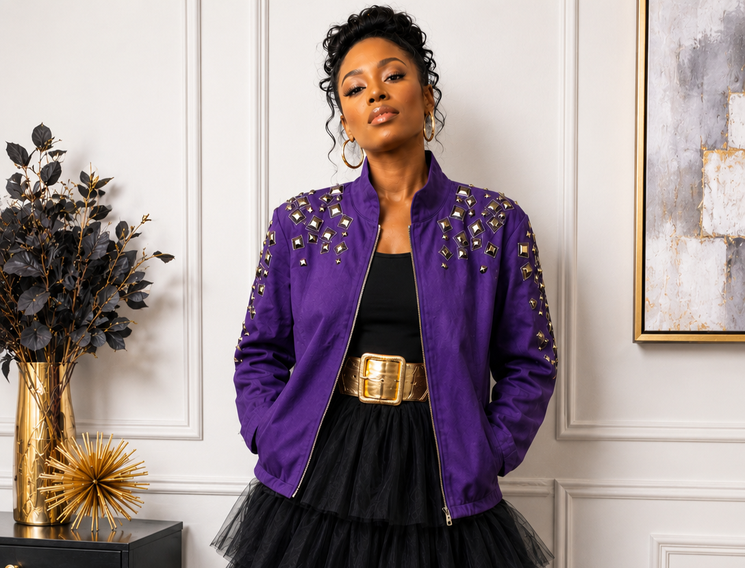 NWOT Bob Mackie Purple Embroidered and Studded Jacket Size XL