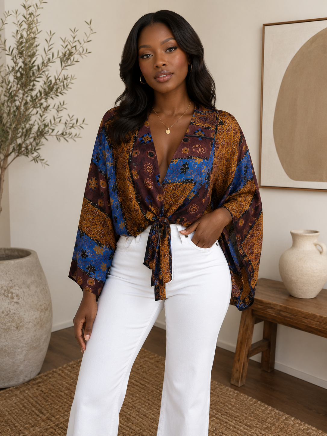 Bohemian 100% Silk Blouse One Size (Blue/Brown)