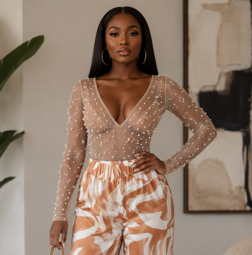 NWT Windsor Nude Sheer Bodysuit w/Pearls Best Size Large