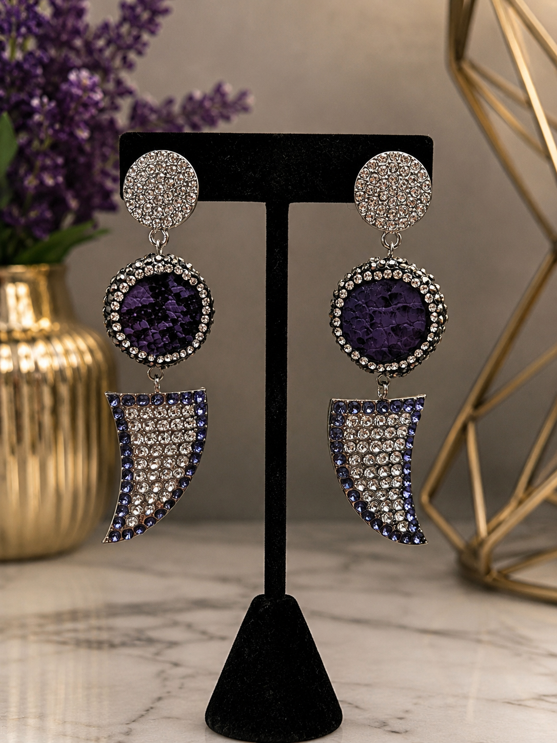 Purple Blinged & Faux Leather Post Back Earrings