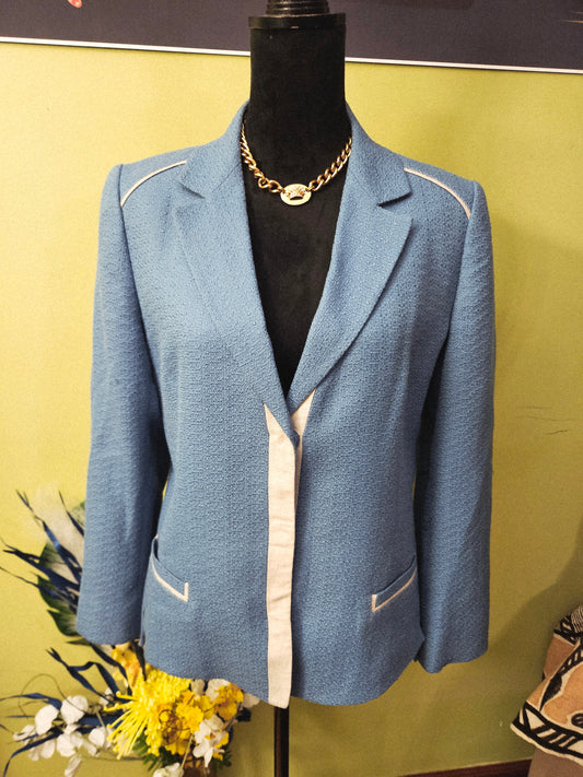 Tahari Blue Blazer with Cream Trim Size 14