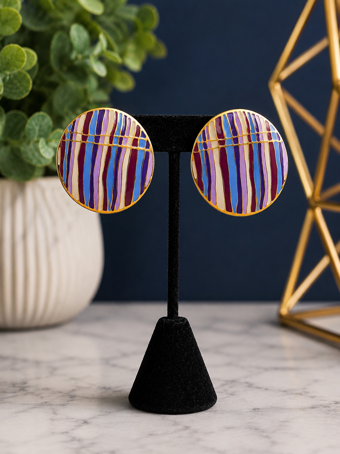 Gold Striped Large Button Post Back Earrings