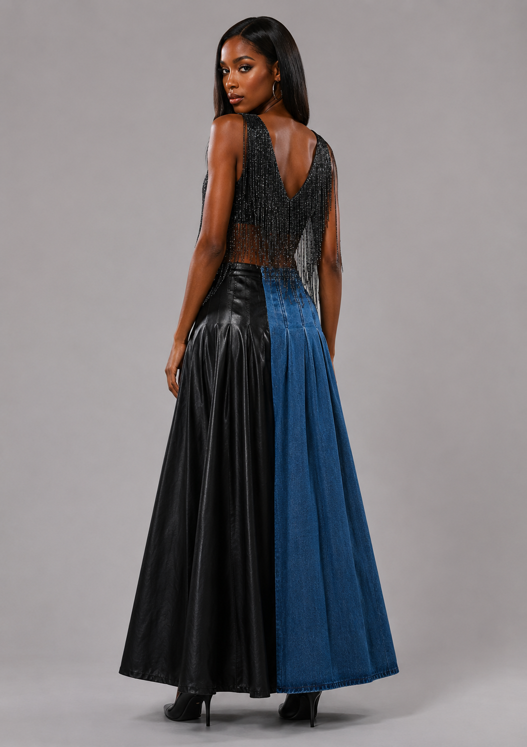 Akira Denim & Faux Leather Maxi Skirt Size Small