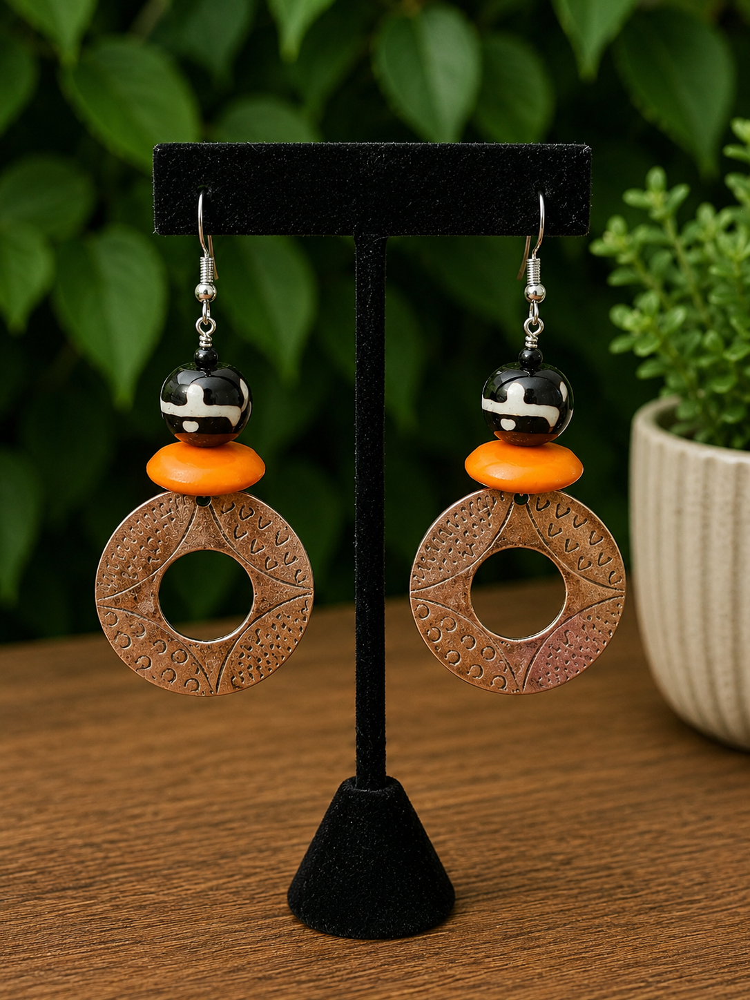 Orange Bead Tribal Fish Hook Earrings
