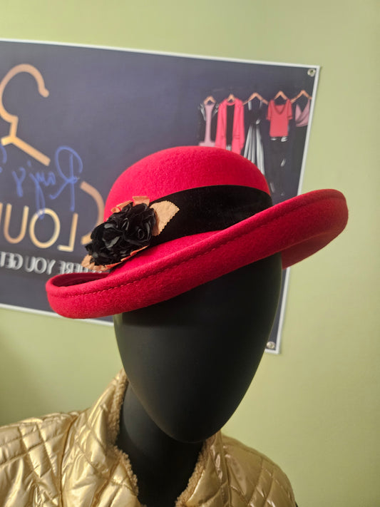 Red Wool Vintage Hat with Black Ribbon