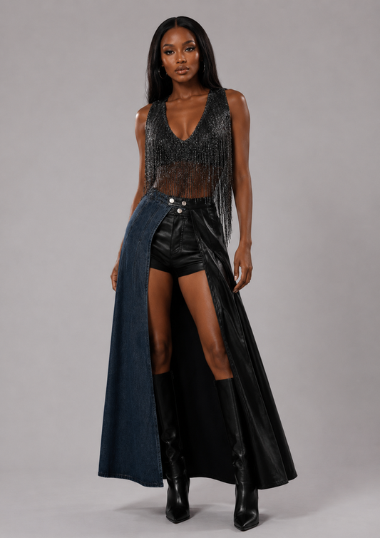 Akira Denim & Faux Leather Maxi Skirt Size Small