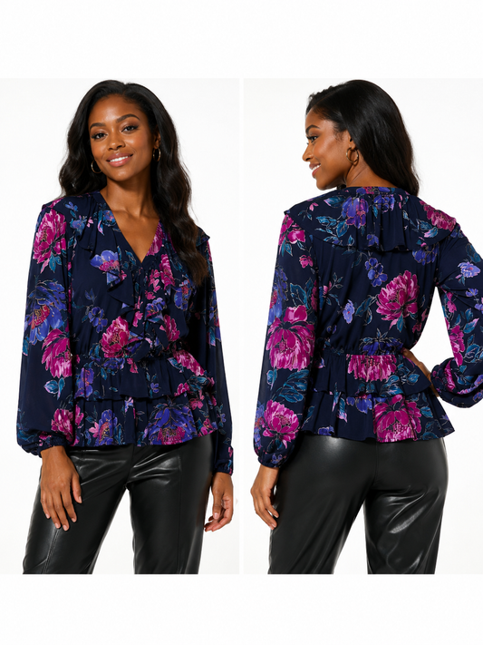 Colleen Lopez Blue Floral Ruffled Blouse Size 2X