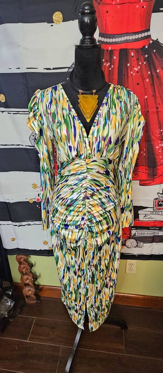 White Colorful Dress with RuchingSize Medium/ Large