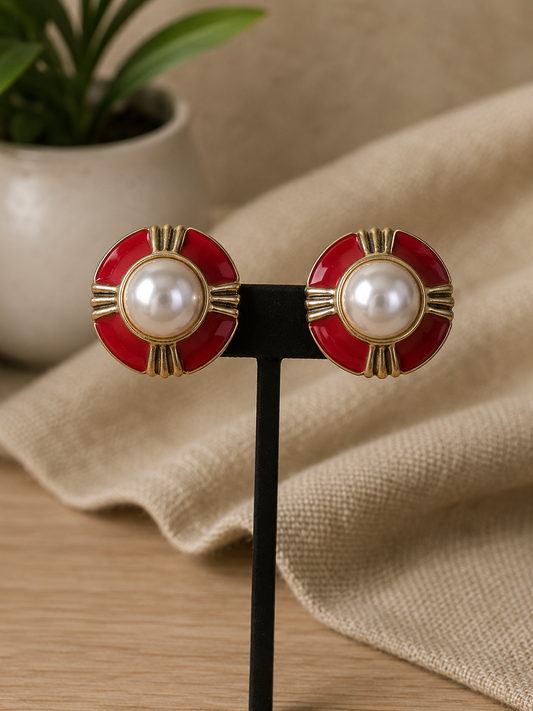 Red & Pearl Clip On Earrings