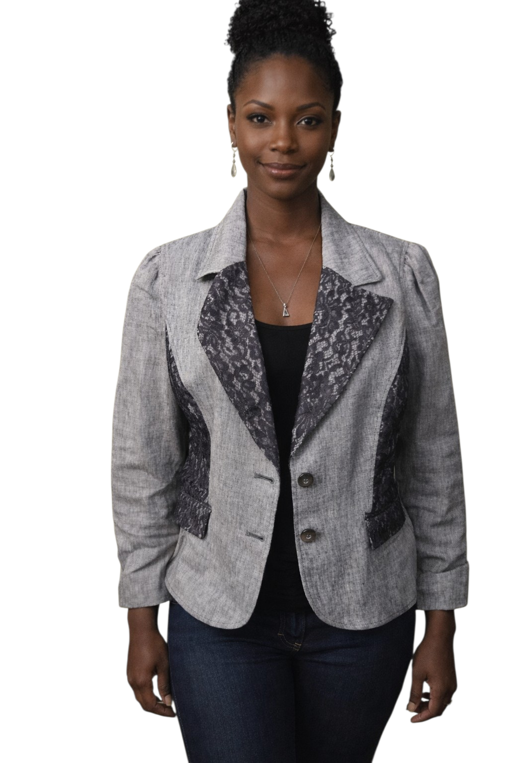 JON Grey 100% Linen Blazer with Lace Detail Size 14