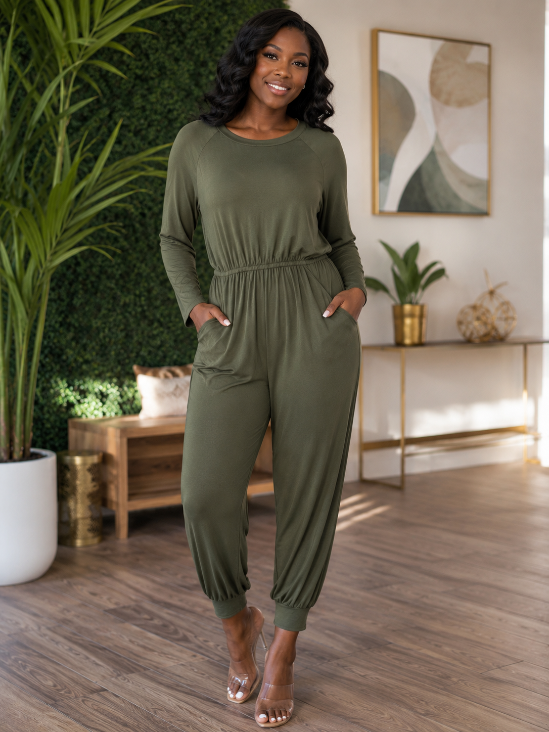 NWT Pretty Garden Olive Jumpsuit Size Large