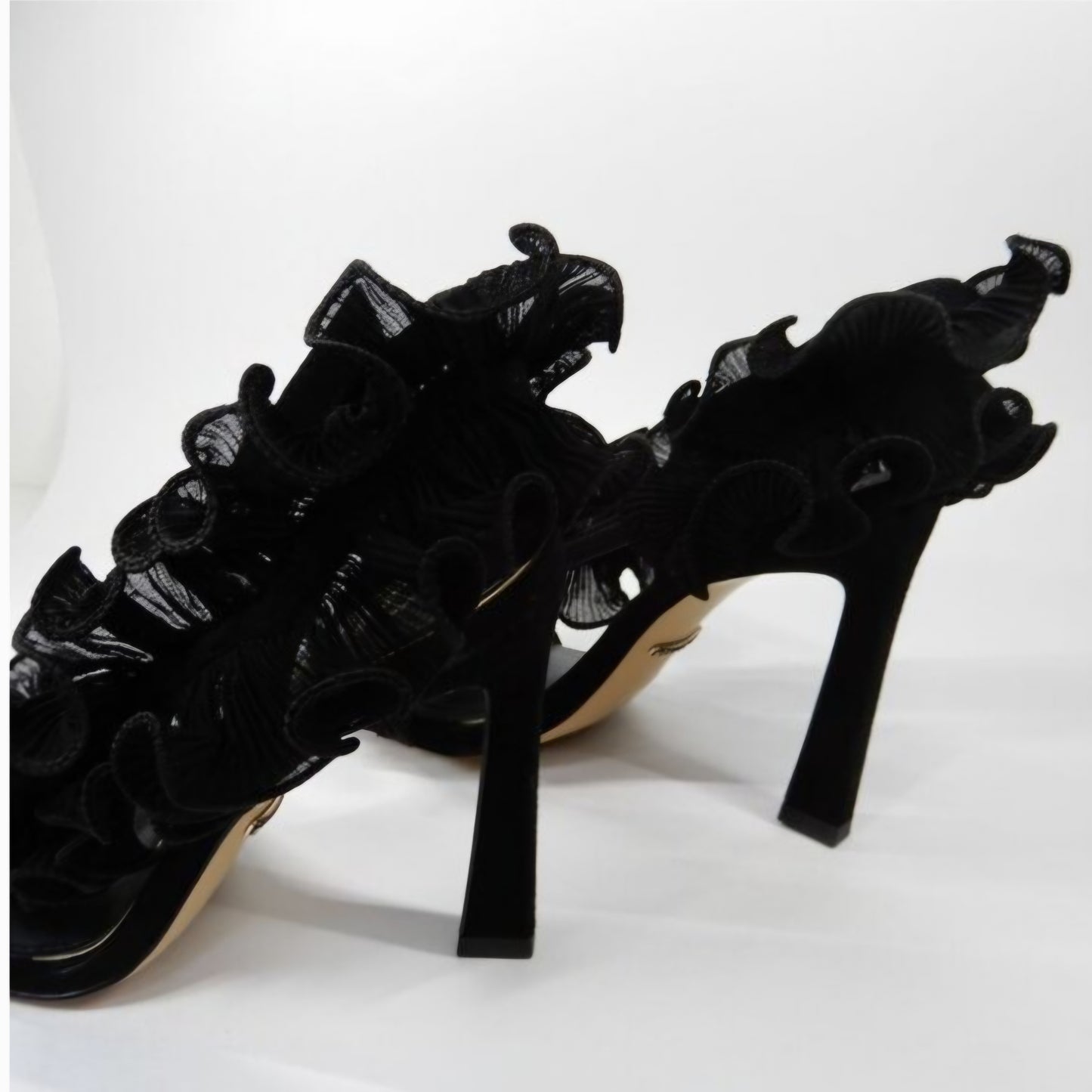 Gianni Bini Black Suede Chiffon Ruffle Franz Heels Size 9