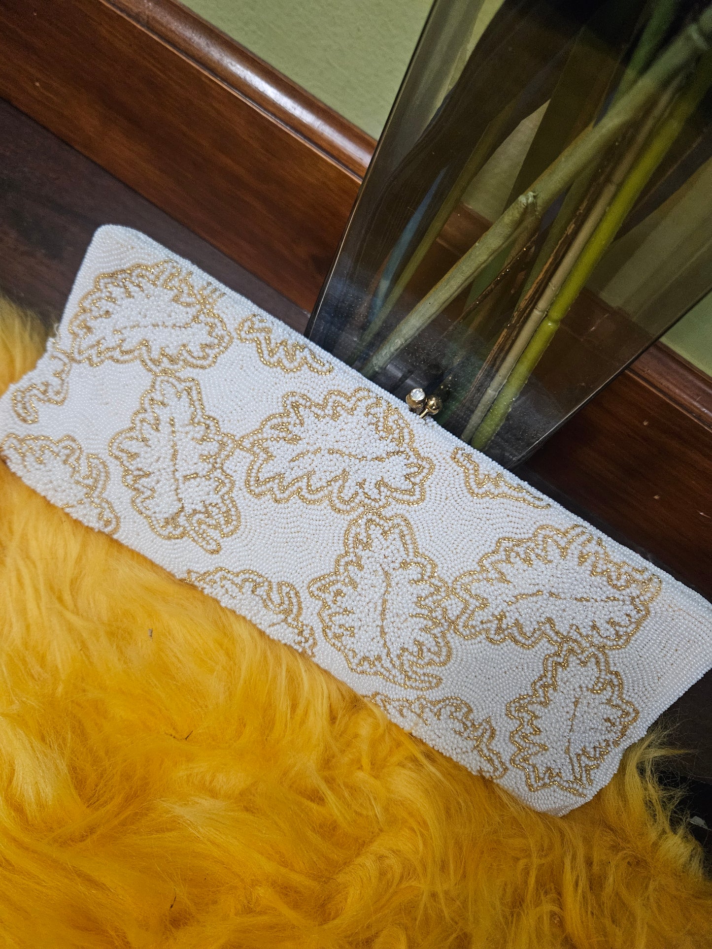White and Gold Beaded Vintage Clutch