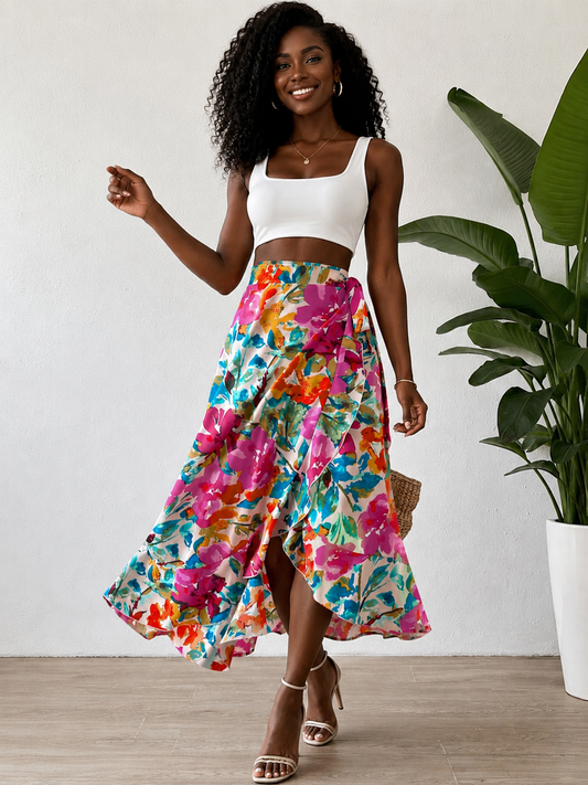 Floral Ruffled Wrap Skirt Size Large