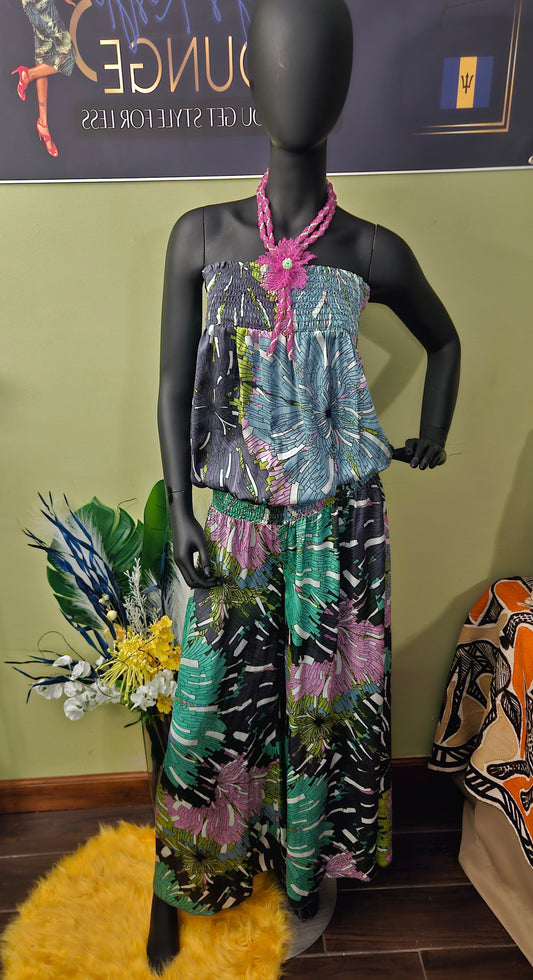 Classique Green/Lavendar Floral Strapless Jumpsuit Size Large