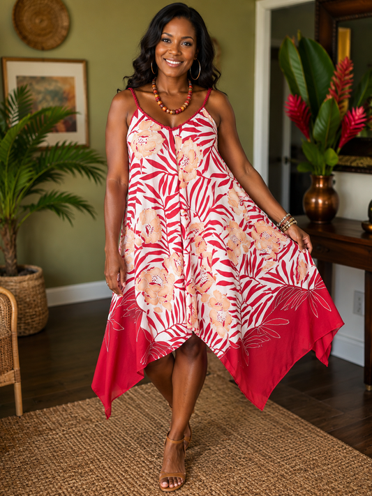 Oscar de La Renta Red and White Floral Dress Size Large