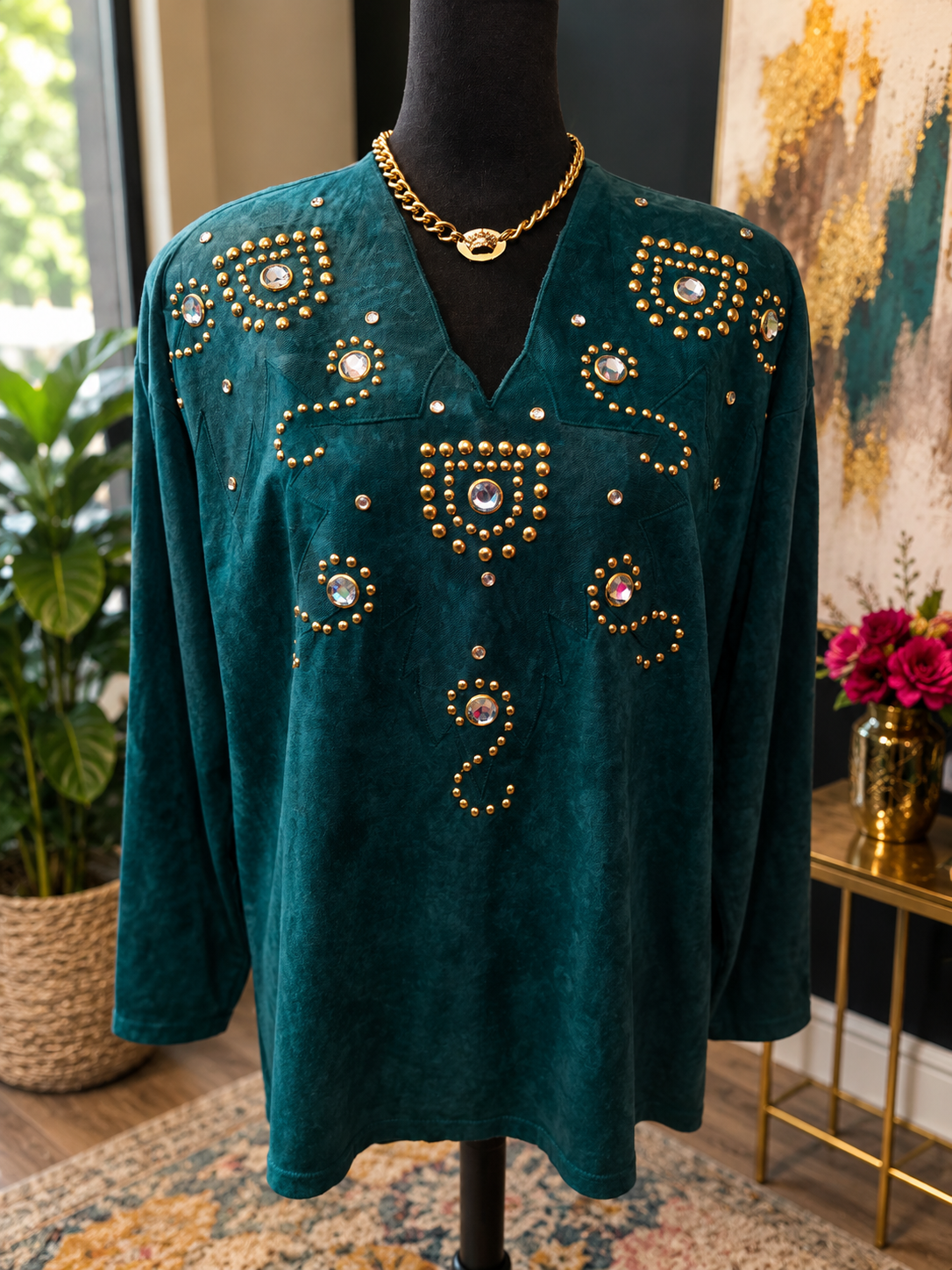 Art Express Green Jeweled Vintage Top Best Size Large