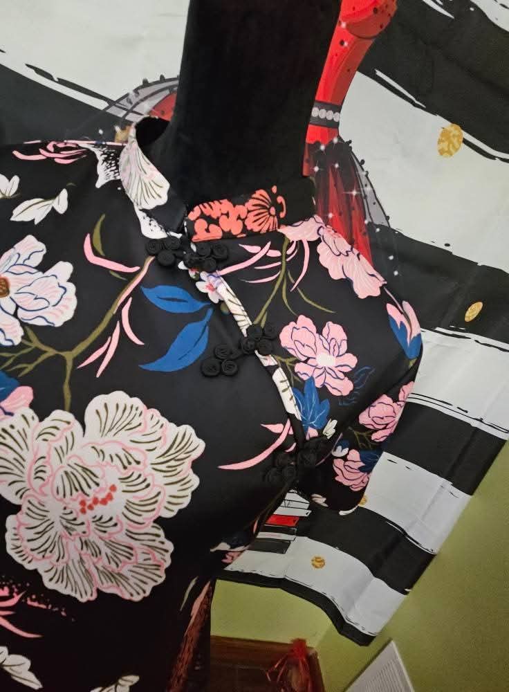 Zara Asian Print Black Dress Best Size Large