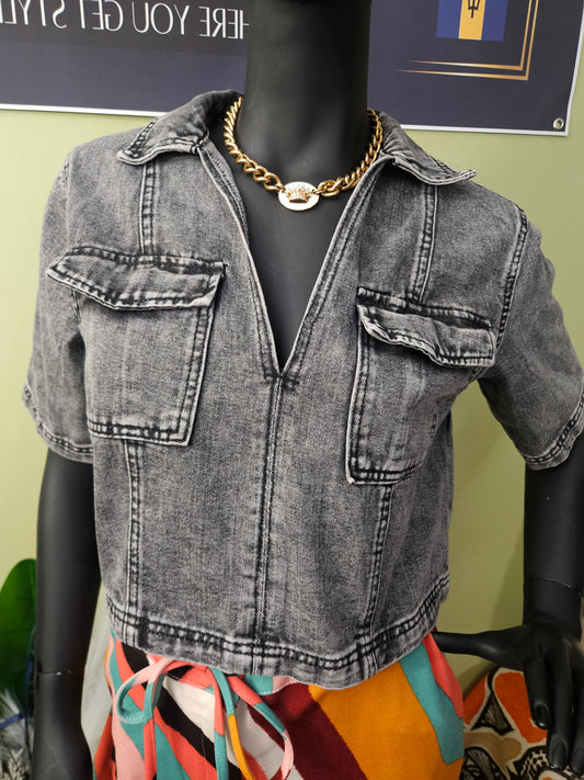 Unbranded Black Denim Acid Crop Top Size Medium