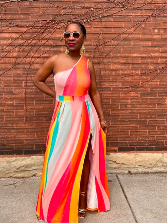ChicMe One Shoulder Rainbow Maxi Dress Size Large