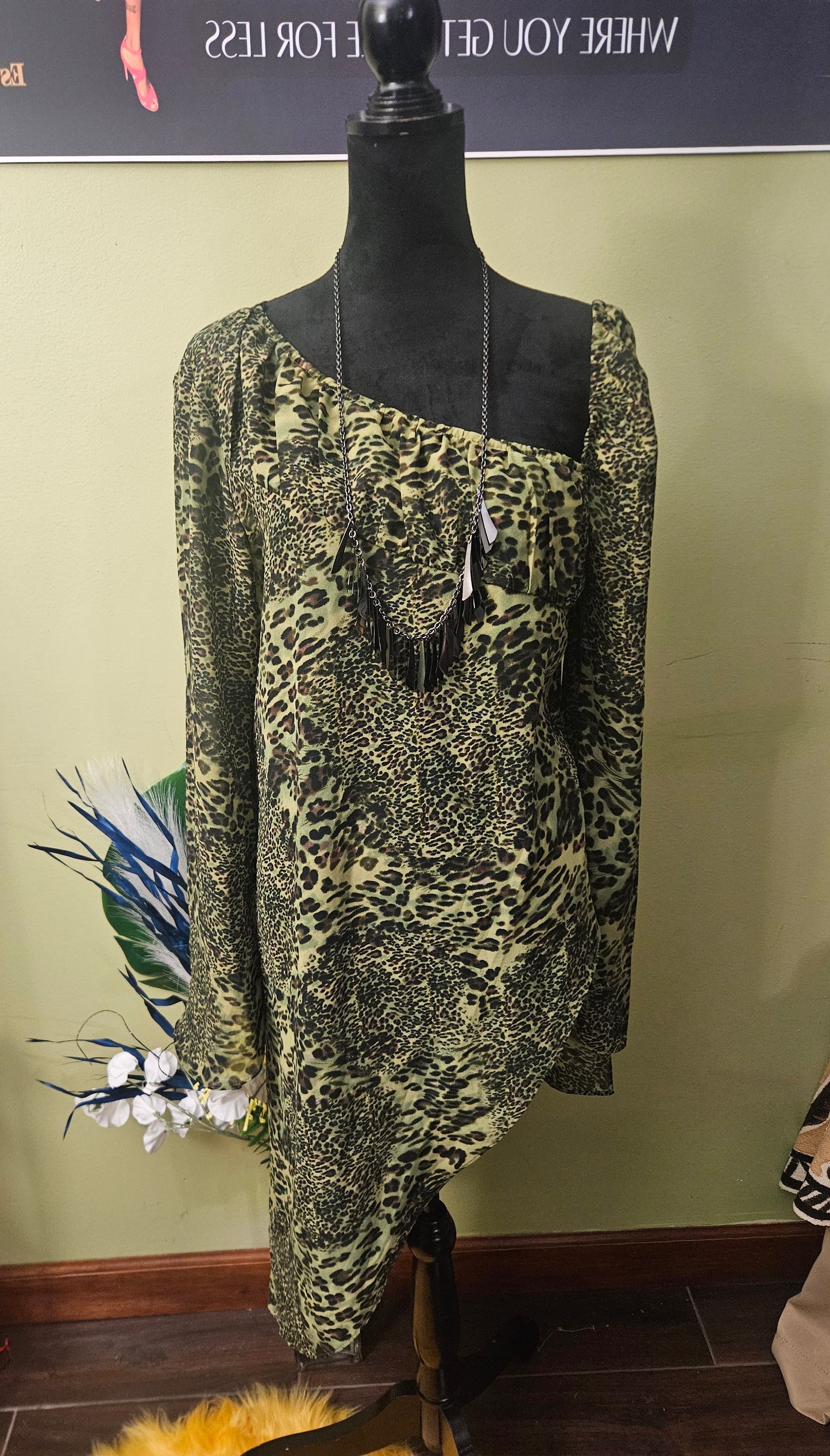 Essence Green and Black Animal Print Dress Size 14