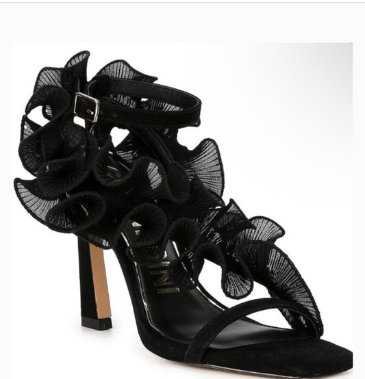 Gianni Bini Black Suede Chiffon Ruffle Franz Heels Size 9