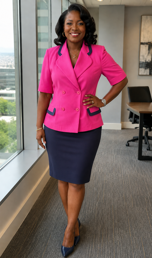 Leslie Faye Fuschia and Navy Skirt Suit P2P 20 Waist 16.5